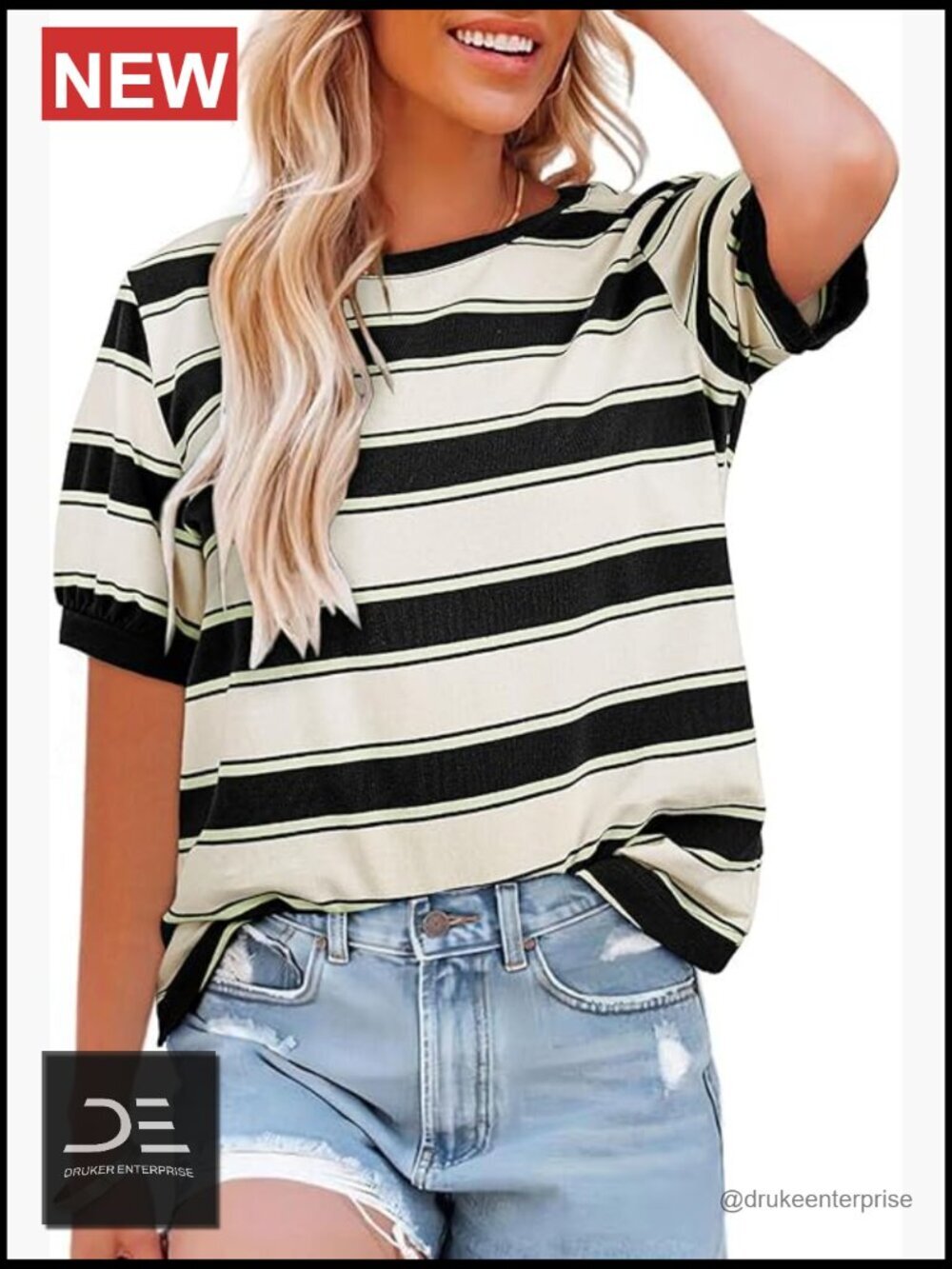 Striped Color Block Crewneck T-Shirt Loose Fit Short Sleeve Cotton Blend